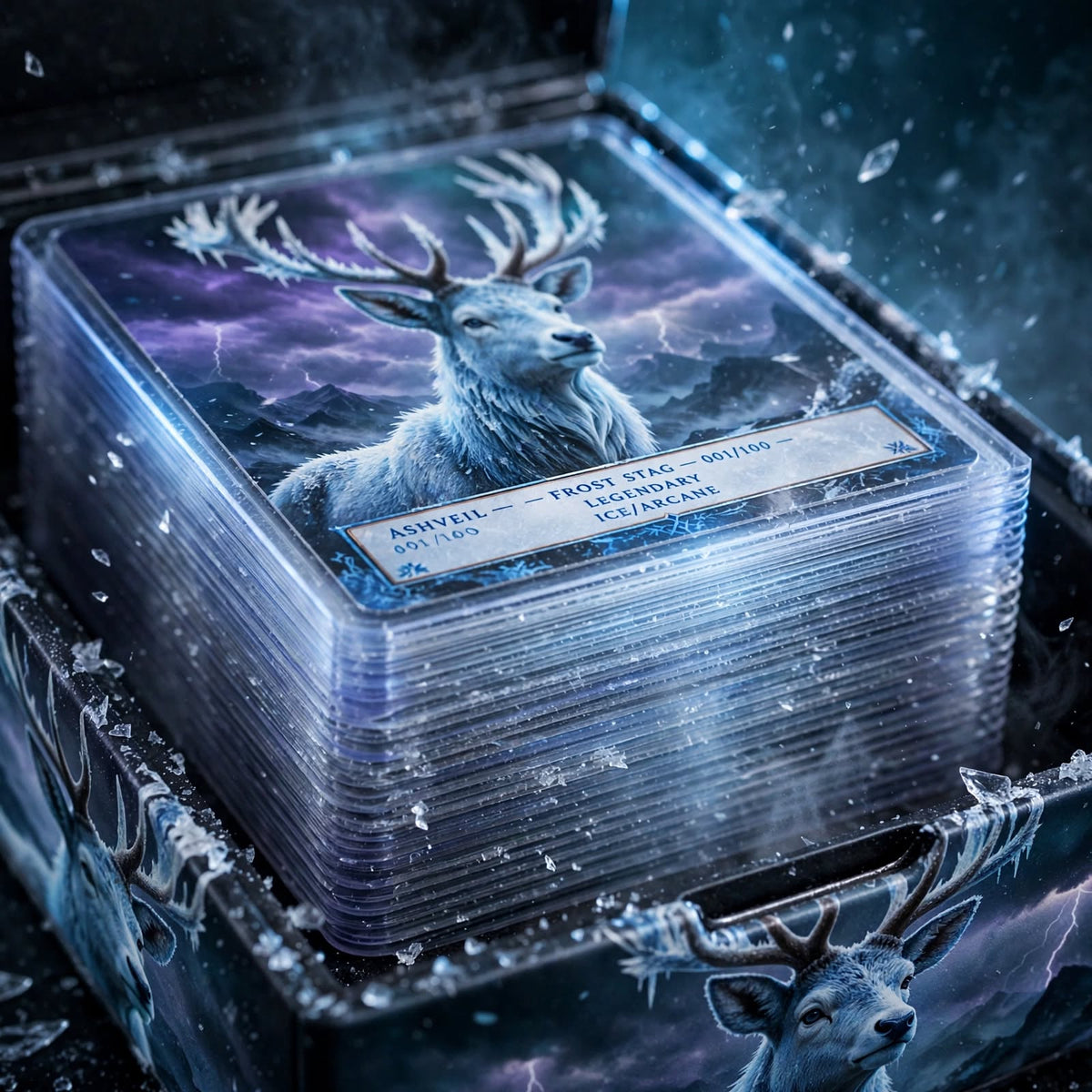 ASHVEIL Magnetic Deck Box – Rigid Trading Card Case with Frost Stag Artwork, Holds Up to 80 Sleeved Cards, Secure Magnetic Lid