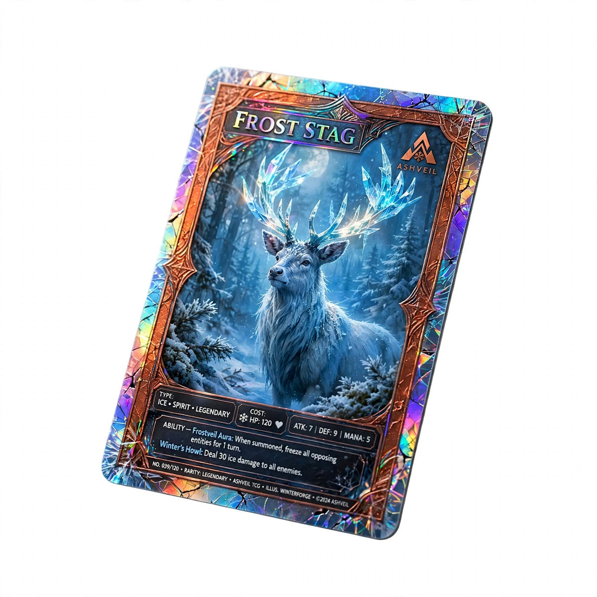 ASHVEIL Frost Stag Holographic Rare Trading Card – Ember Rising Set, English Edition, Supplied in Protective Sleeve and Top Loader