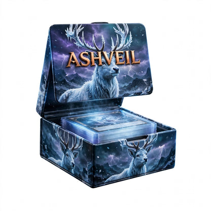 ASHVEIL Magnetic Deck Box – Rigid Trading Card Case with Frost Stag Artwork, Holds Up to 80 Sleeved Cards, Secure Magnetic Lid