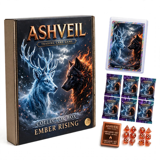 ASHVEIL Ember Rising Collector Box – 6 Booster Packs, Foil Promo Card, Sleeves and Dice