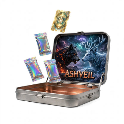 ASHVEIL Ember Rising Collector Tin – 4 Sealed Booster Packs and 1 Foil Card in a Reusable Hinged Metal Tin, English Edition, Ages 8+